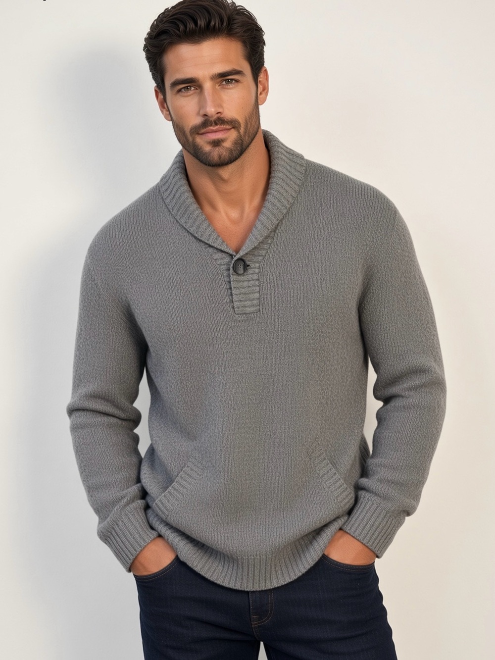 Paul Costello Living Men's Shawl Collar Single Button Pullover Sweater - Gray